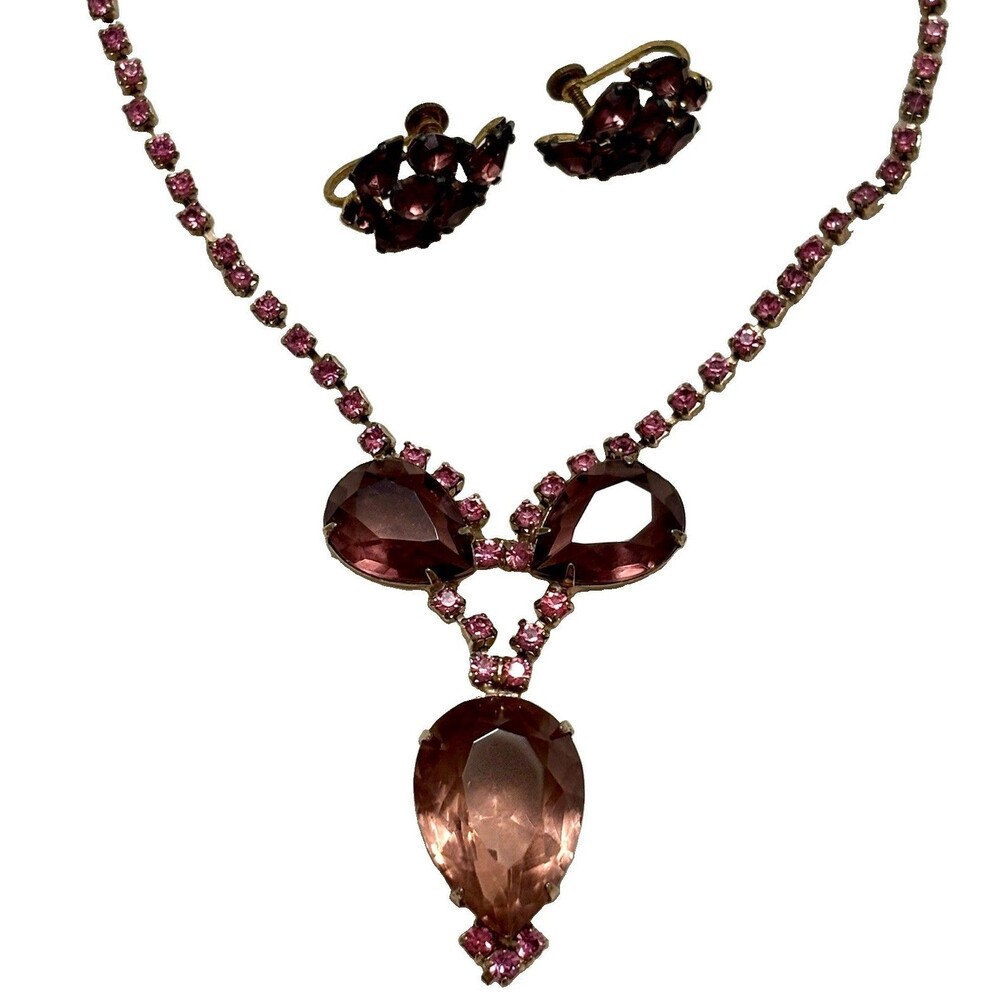 Vintage Czech Czechoslov Purple Glass Pink Rhinestone Necklace Earrings Set 40s